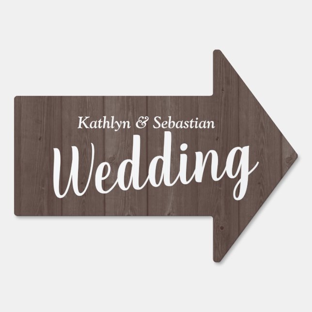 Elegant script wood grain directional wedding sign (Back)