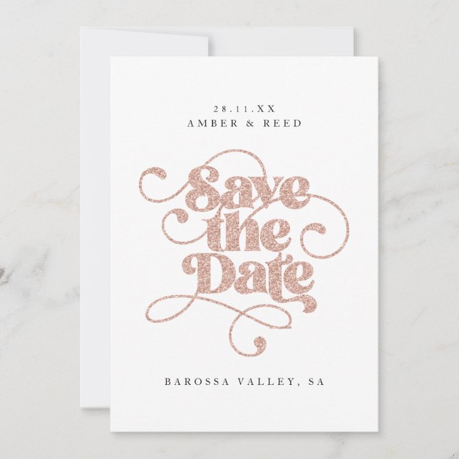 Elegant Script Words Rose Gold Faux Glitter Save The Date (Front)