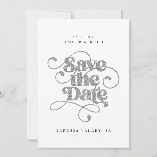 Elegant Script Words Silver Faux Glitter  Save The Date (Front)