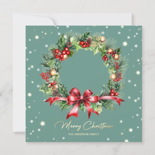 Elegant Script Wreath Green Photo Merry Christmas Holiday Card
