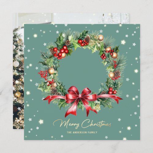 Elegant Script Wreath Green Photo Merry Christmas Holiday Card