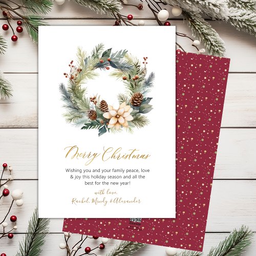 Elegant Script Wreath Greenery Christmas Card