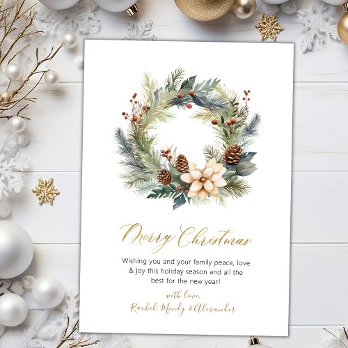 Elegant Script Wreath Greenery Christmas Card