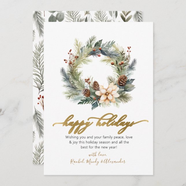 Elegant Script Wreath Greenery Happy Holidays Card (Front/Back)