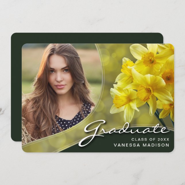 Elegant Script Yellow Flowers | Modern Photo Grad Announcement (Front/Back)