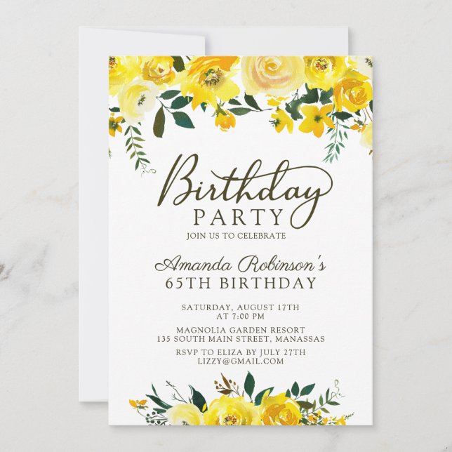 Elegant  Script Yellow Rose Floral 65th Birthday Invitation (Front)