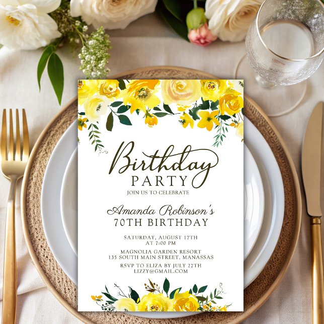 Elegant  Script Yellow Rose Floral 70th Birthday Invitation (Creator Uploaded)