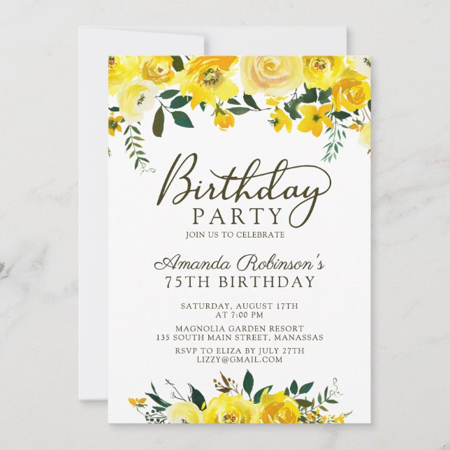 Elegant  Script Yellow Rose Floral 75th Birthday Invitation (Front)