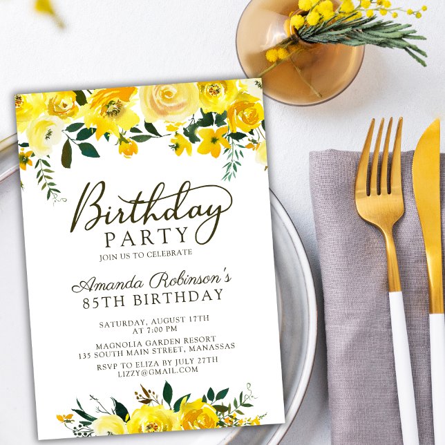 Elegant  Script Yellow Rose Floral 85th Birthday Invitation (Creator Uploaded)