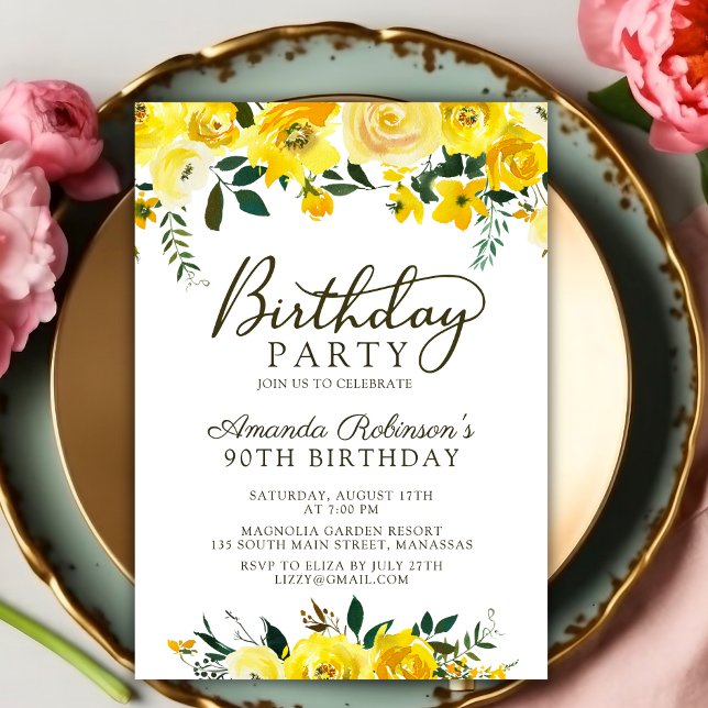 Elegant  Script Yellow Rose Floral 90th Birthday Invitation (Creator Uploaded)