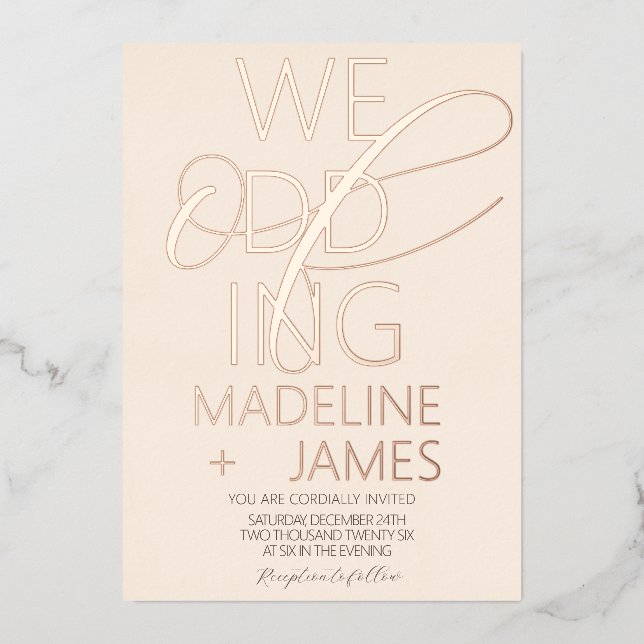 ELEGANT Scripted Rustic Tan Wedding  Foil Invitation (Front)