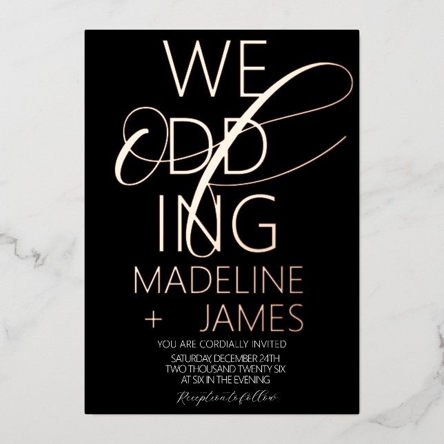 ELEGANT Scripted Wedding Rose Gold  Foil Invitation (Front)