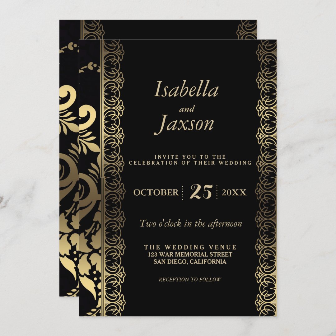 Elegant Scroll Black and Gold Invitation | Zazzle