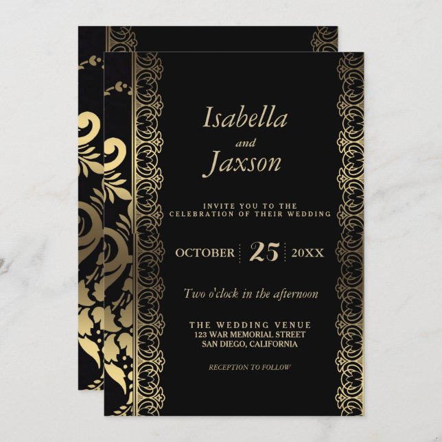 Elegant Scroll Black and Gold Invitation (Front/Back)