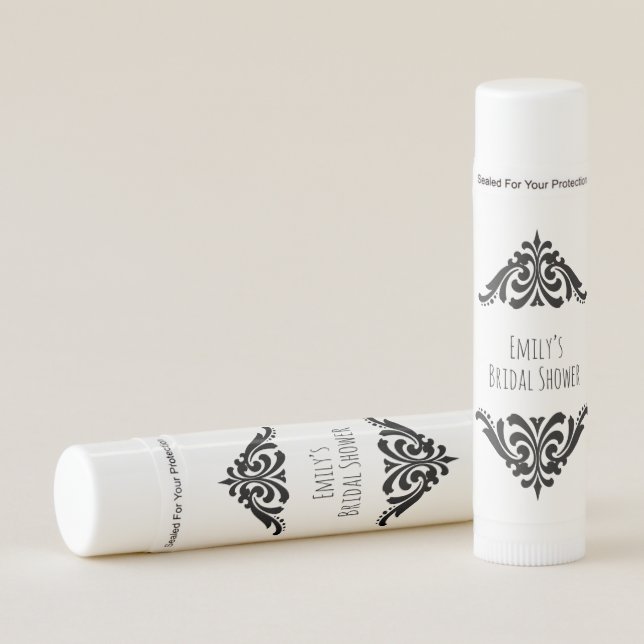 Elegant Scroll Bridal Shower Party  Black Lip Balm (Front)