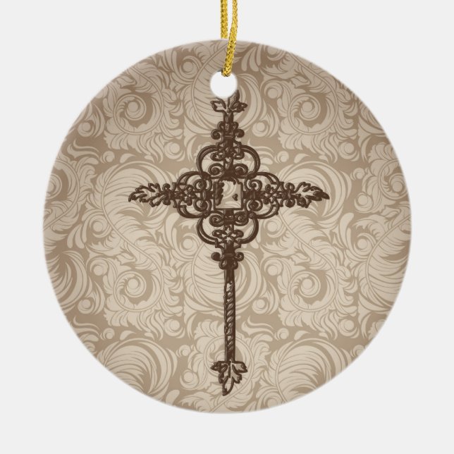 Elegant Scroll Christian Cross w/Swirl Background Ceramic Ornament (Front)