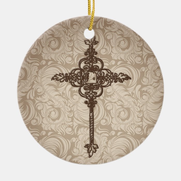 Elegant Scroll Christian Cross w/Swirl Background Christmas Tree Ornament