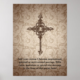 Elegant Scroll Christian Cross w/Swirl Background Poster