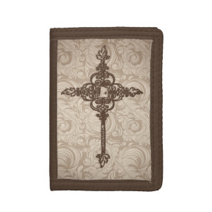 Elegant Scroll Christian Cross w/Swirl Background Tri-fold Wallet