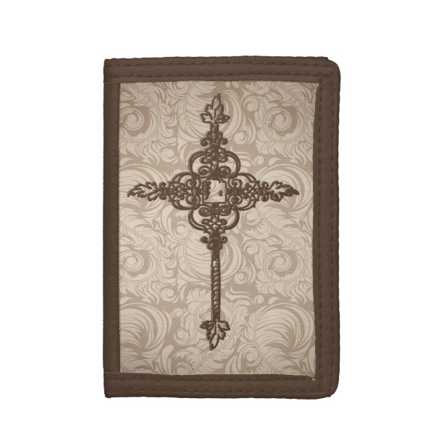 Elegant Scroll Christian Cross w/Swirl Background Tri-fold Wallet (Front Vertical)