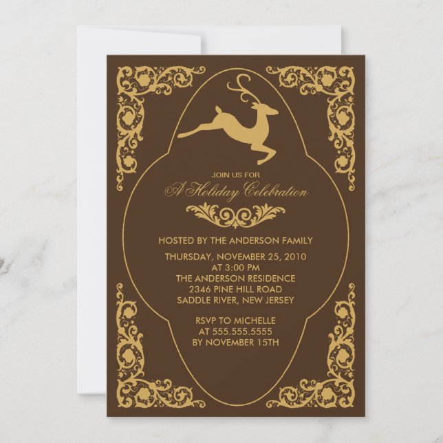 Elegant Scroll Reindeer Christmas Party Invitation (Front)