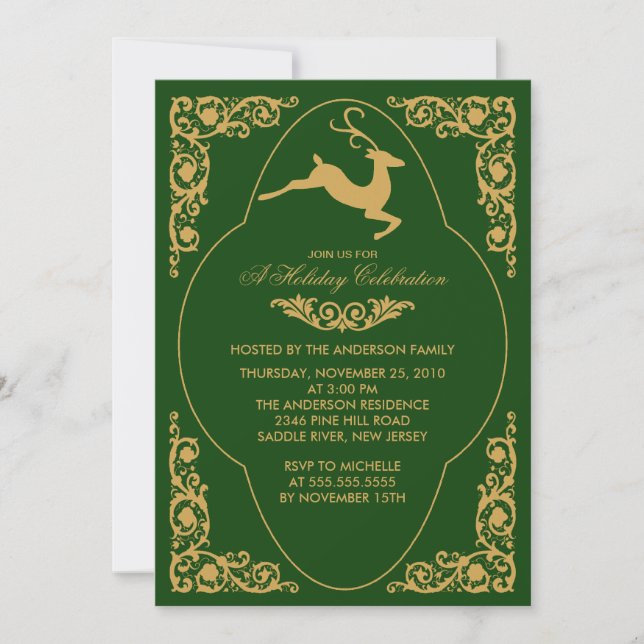 Elegant Scroll Reindeer Christmas Party Invitation (Front)