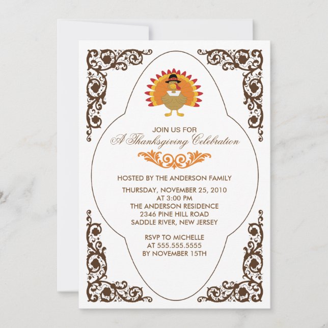 Elegant Scroll Turkey Thanksgiving Invitations (Front)