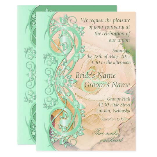 Elegant Scroll Wedding Invitation Mint Green Peach Invitation