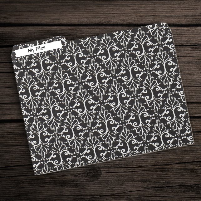 Elegant Scrolled Black White Damask Pattern File Folder (Elegant abstract damask pattern with scrolls in black and white on file folders.)