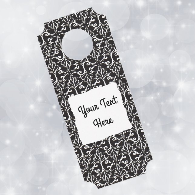 Elegant Scrolled Damask Design Black White Door Hanger (Elegant damask pattern in black and white with fancy white scrolls on paper door hanger.)