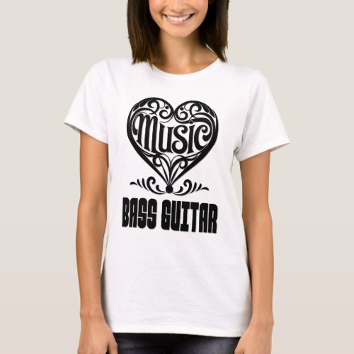 Elegant Scrolled Heart for Bass Guitar Lovers Music Theme T-Shirt