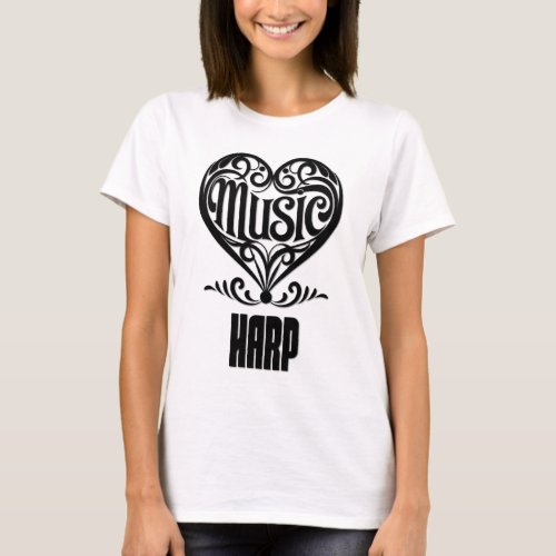 Elegant Scrolled Heart for Harp Lovers Music Theme T-Shirt