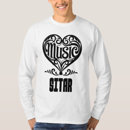 Elegant Scrolled Heart for Sitar Lovers Music Theme Long Sleeve T-Shirt