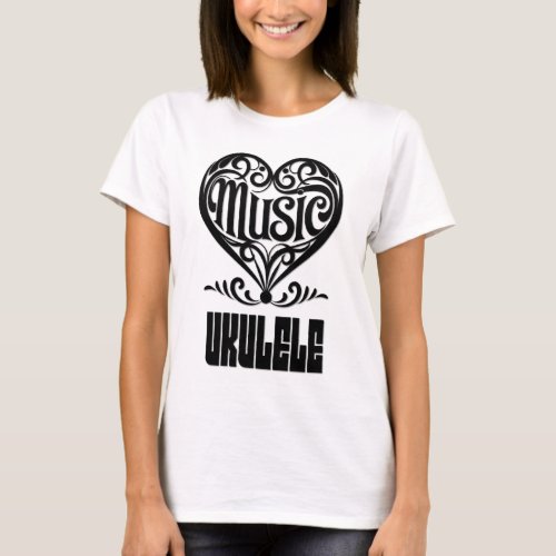 Elegant Scrolled Heart for Ukulele Lovers Music Theme T-Shirt