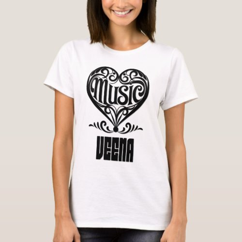 Elegant Scrolled Heart for Veena Lovers Music Theme T-Shirt