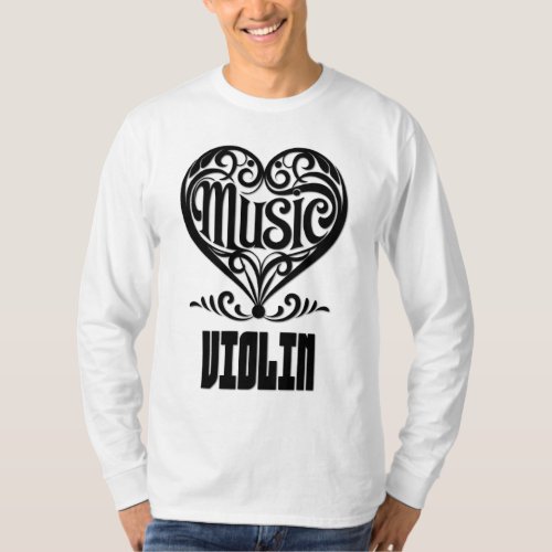 Elegant Scrolled Heart for Violin Lovers Music Theme Long Sleeve T-Shirt