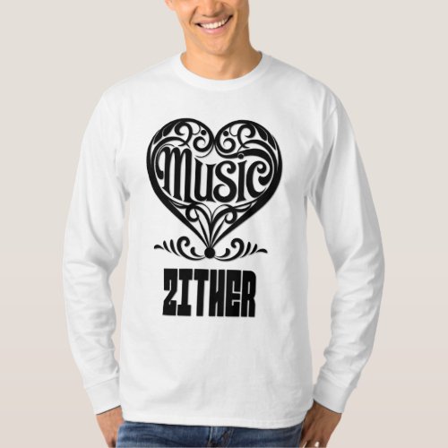 Elegant Scrolled Heart for Zither Lovers Music Theme Long Sleeve T-Shirt