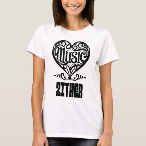 Elegant Scrolled Heart for Zither Lovers Music Theme T-Shirt