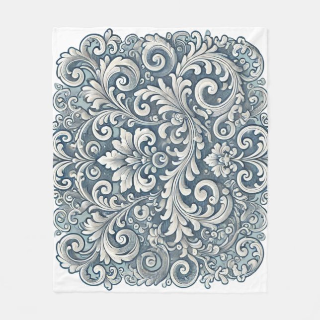 Elegant Scrolling Damask Pattern in Soft Blue and  Fleece Blanket (Front)