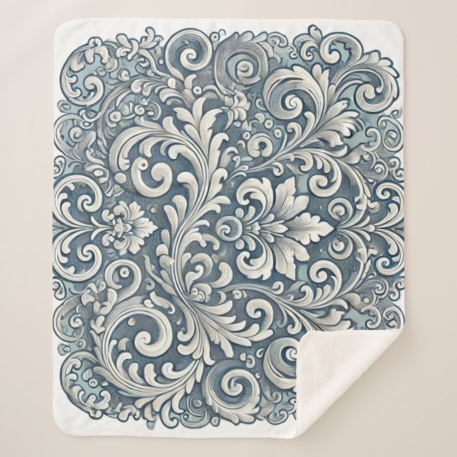 Elegant Scrolling Damask Pattern in Soft Blue and  Sherpa Blanket (Front)