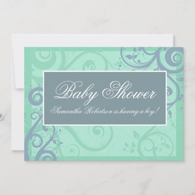 Elegant Scrolls Aqua Blue Baby Shower Invitations (Front)