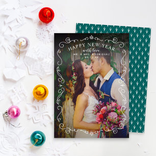 Elegant Scrolls Happy New Year Teal Green Photo Holiday Card