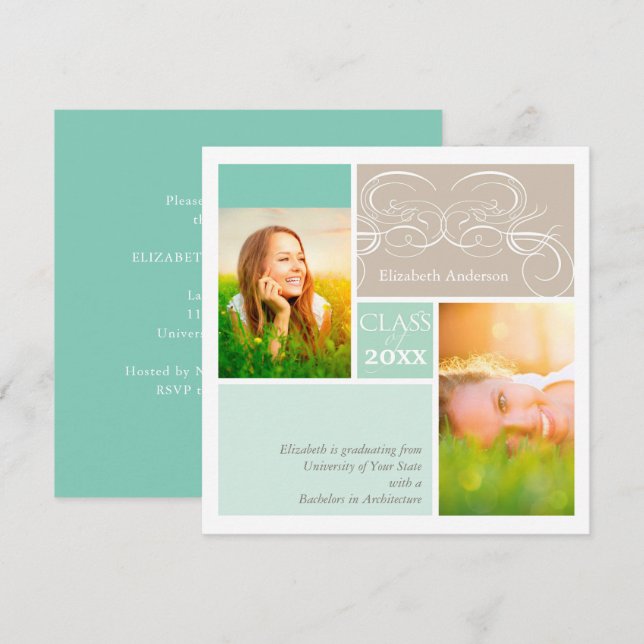 Elegant Scrolls Mint Two Photo Graduation Party Invitation (Front/Back)
