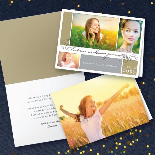 Elegant Scrolls Script Graduation 3 Multi Photo Thank You Card