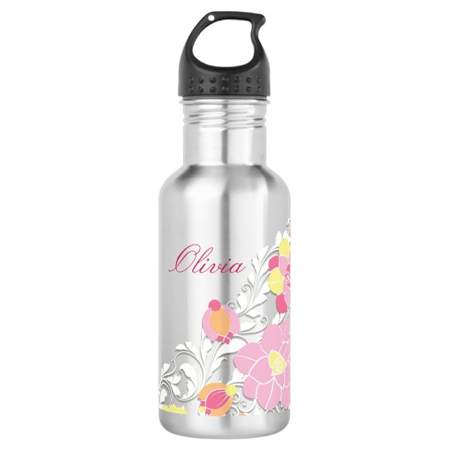 Elegant Sculpted Pastel Floral Personalized Water Bottle (Front)