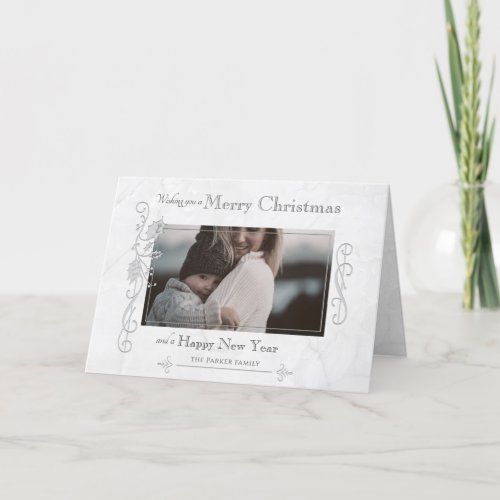 Elegant Sculpted White Marble Photo Holiday Card