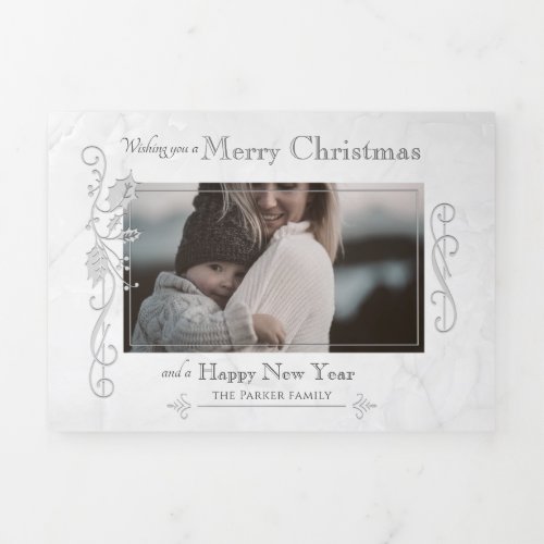Elegant Sculpted White Marble Photo Tri_Fold Holiday Card
