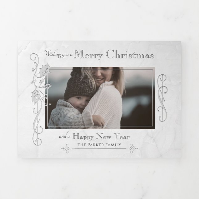 Elegant Sculpted White Marble Photo Tri-Fold Holiday Card (Cover)