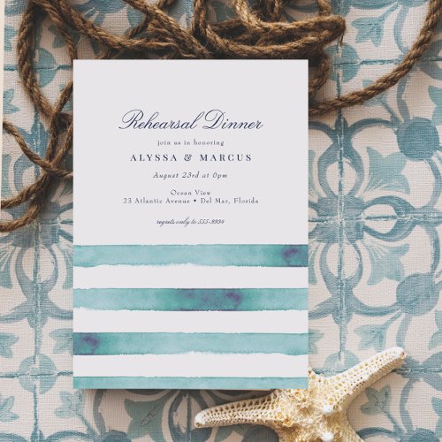 Elegant Sea Aqua Stripes Nautical Rehearsal Dinner Invitation