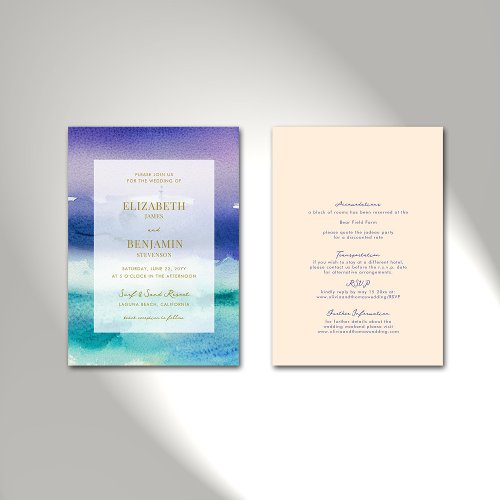 Elegant Sea Blue Purple All in One Beach Wedding Invitation